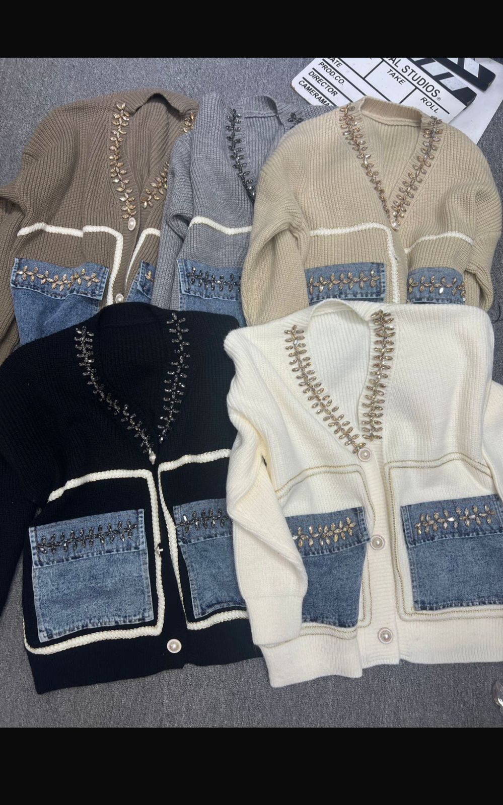 Korean Sweater Stone Embellishment On The Neckline And Pockets